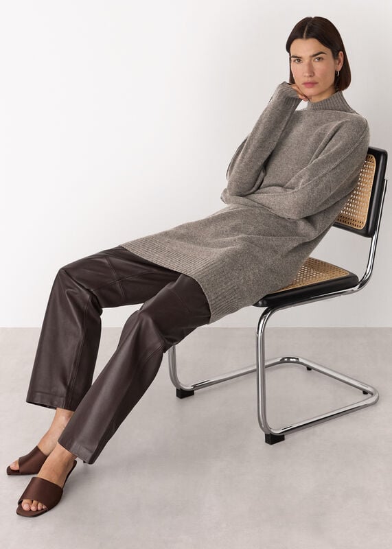 Taupe Funnel Neck Wool Mini Dress