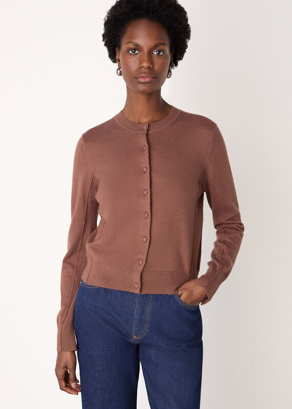 Brown Fine Gauge Crew Neck Cardigan