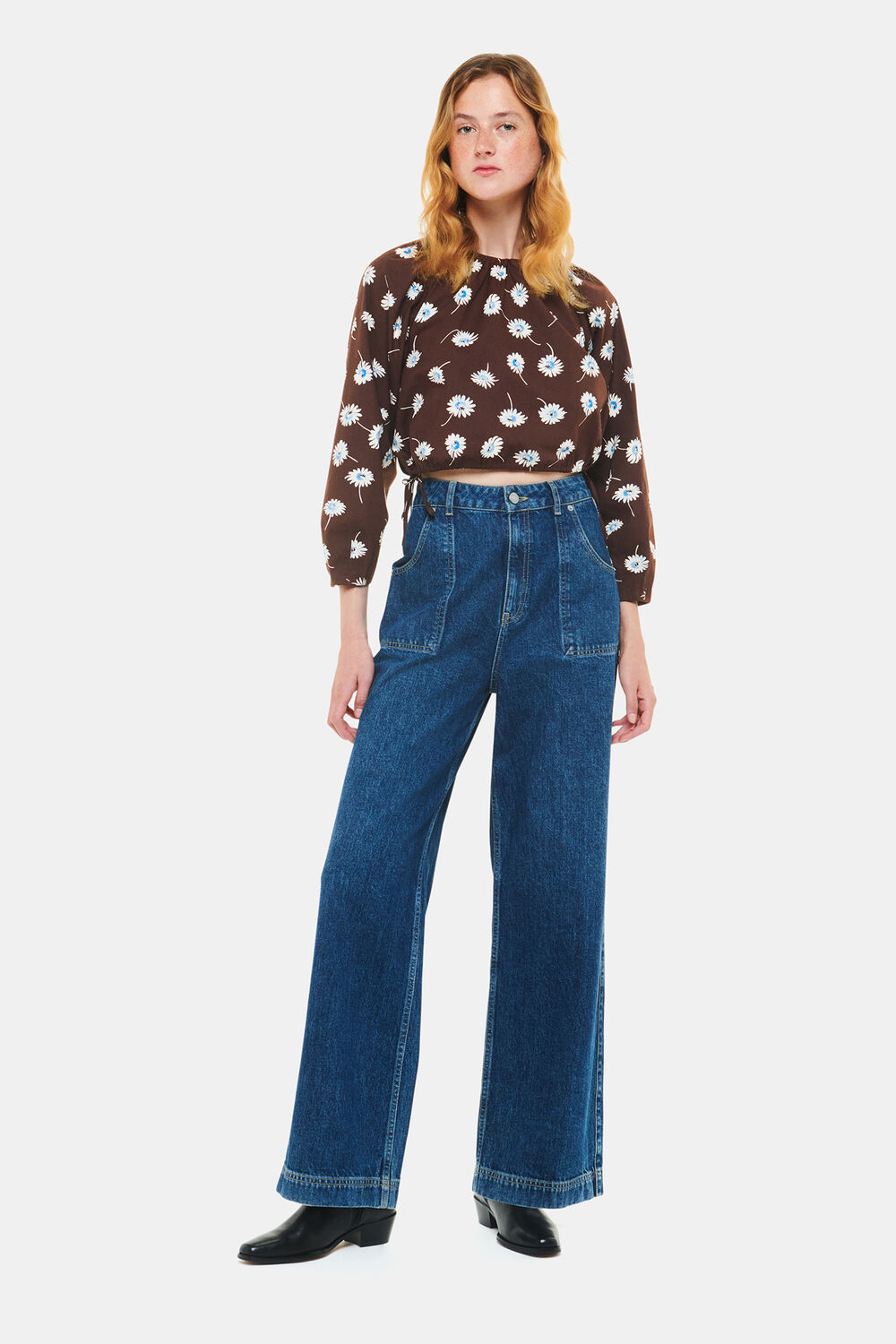Brown Watercolour Daisy Poplin Top