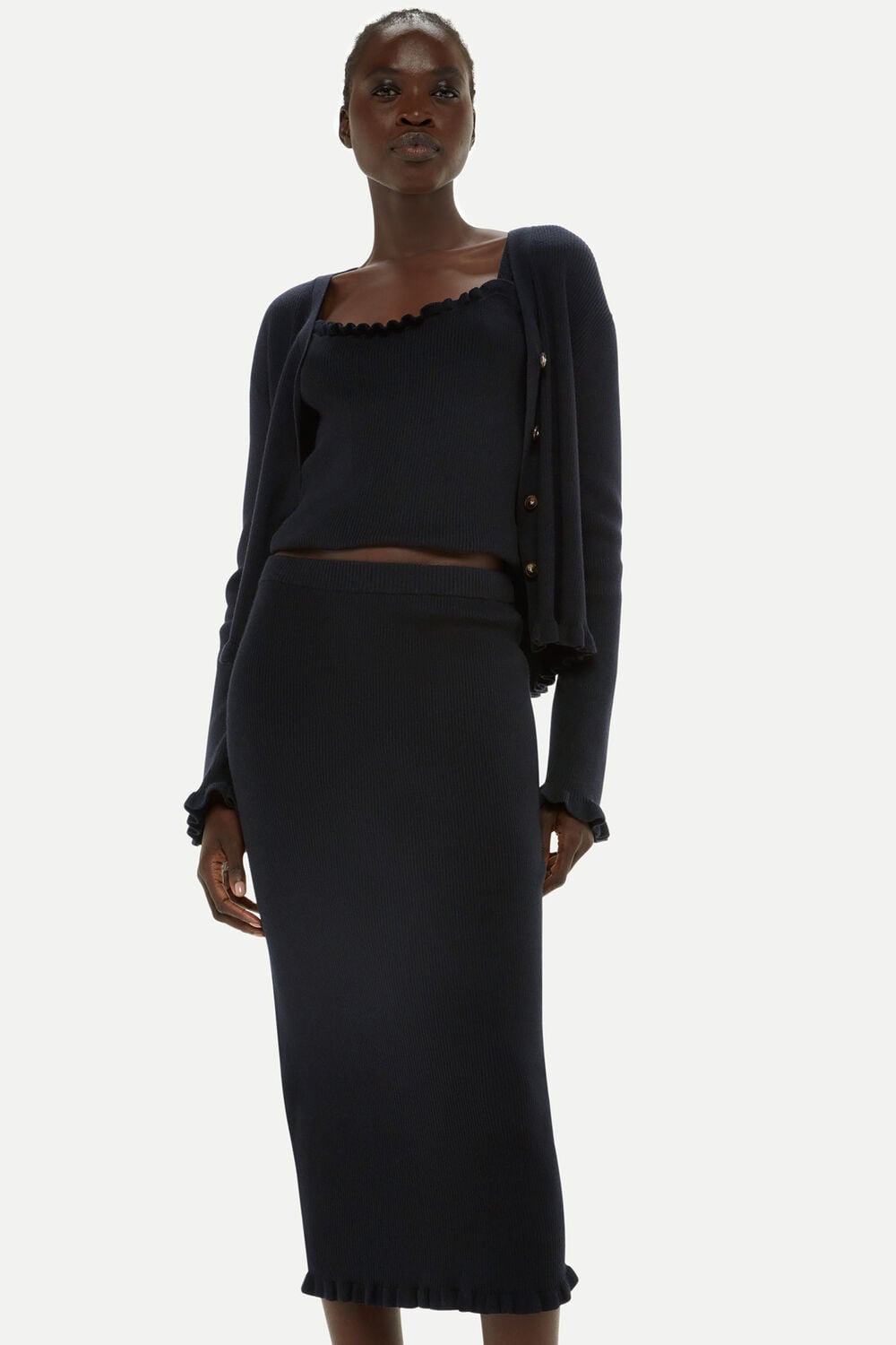 Black Frill Hem Knitted Midi Skirt