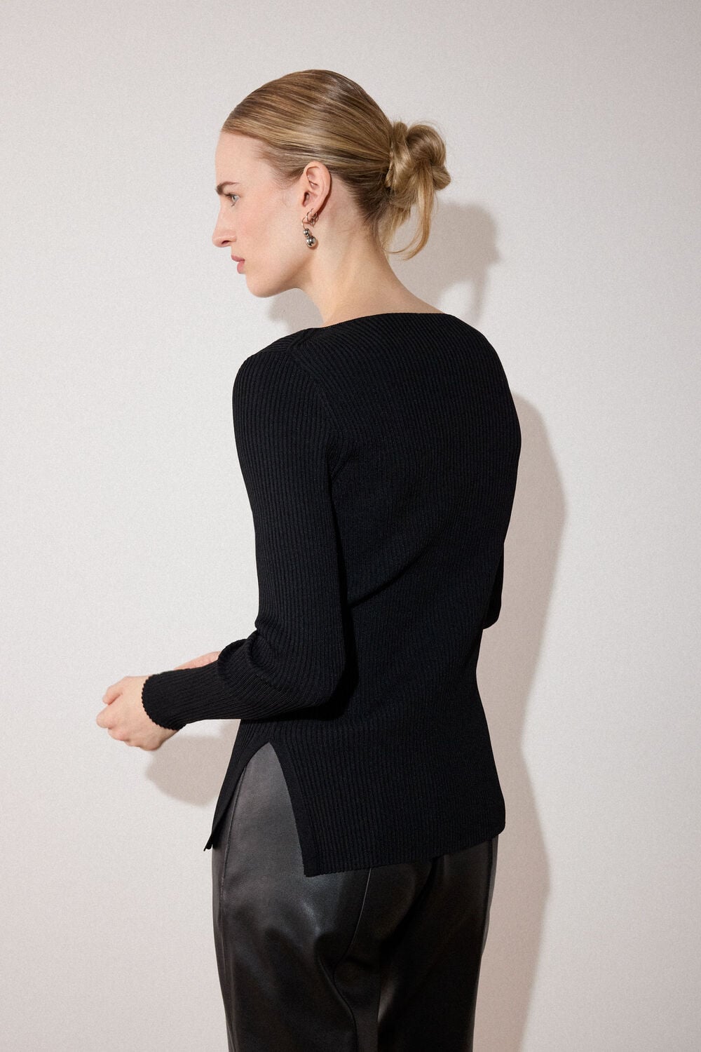 Black Rib Knit Slash Neck Top