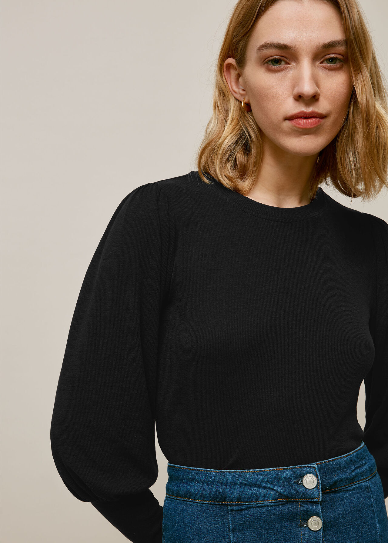 Blouson Sleeve Rib Top Black