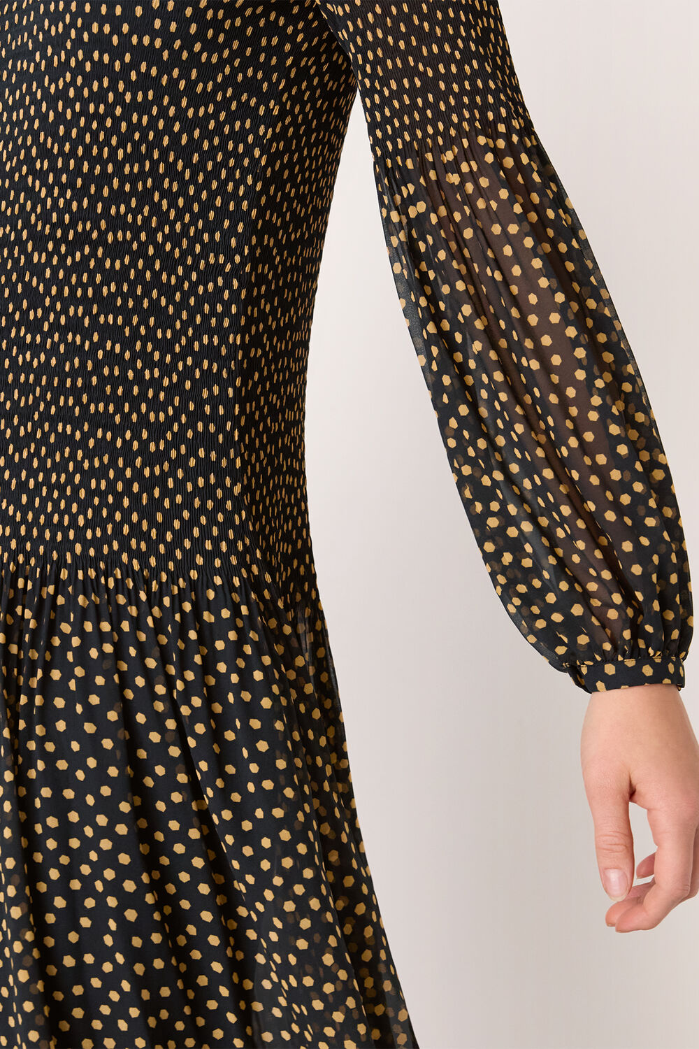 Black Spot Print Plisse Midi Dress