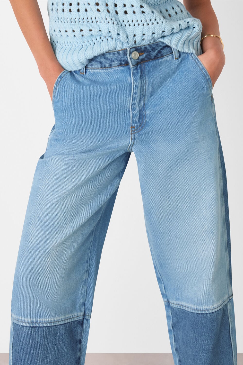 Denim Patchwork Barrel Leg Jean