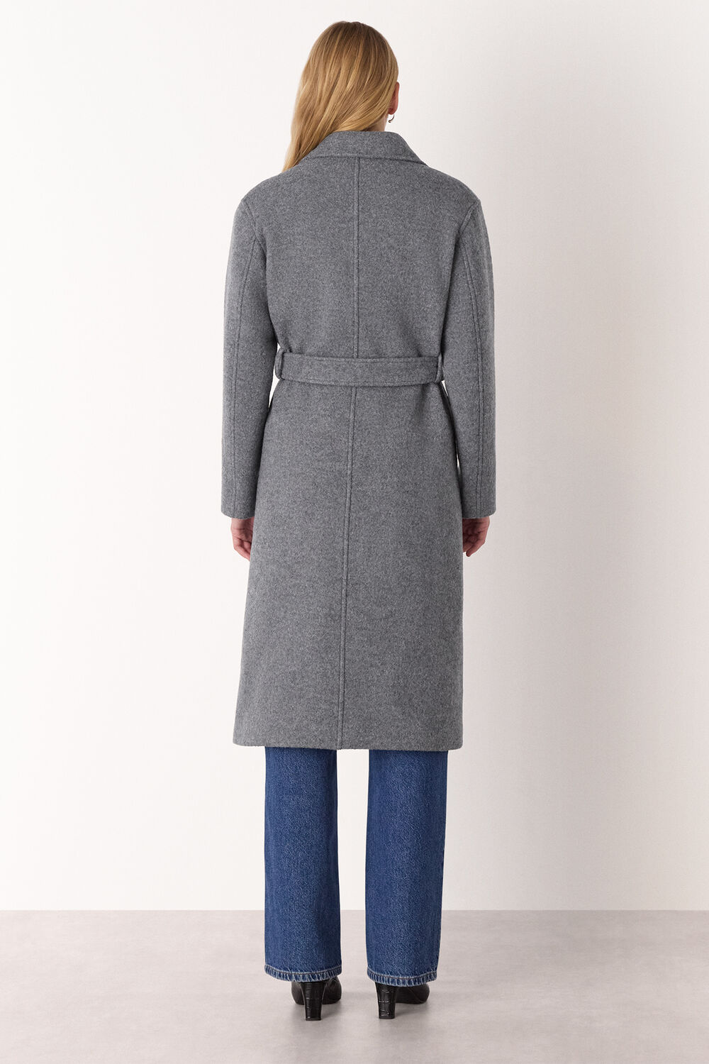 Grey Long Belted Wool Coat
