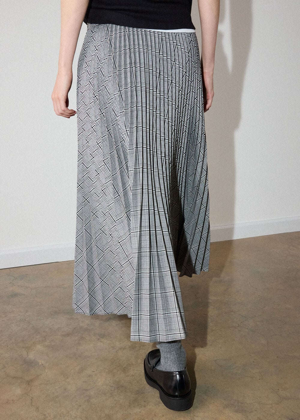 Grey Check Pleated Midi Skirt