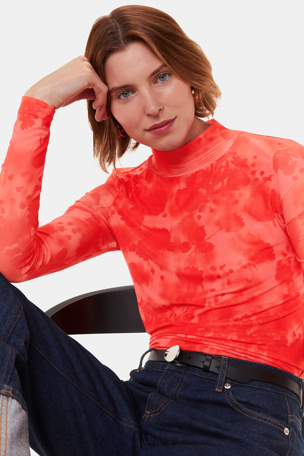 Red Blurred Blooms Mesh Top