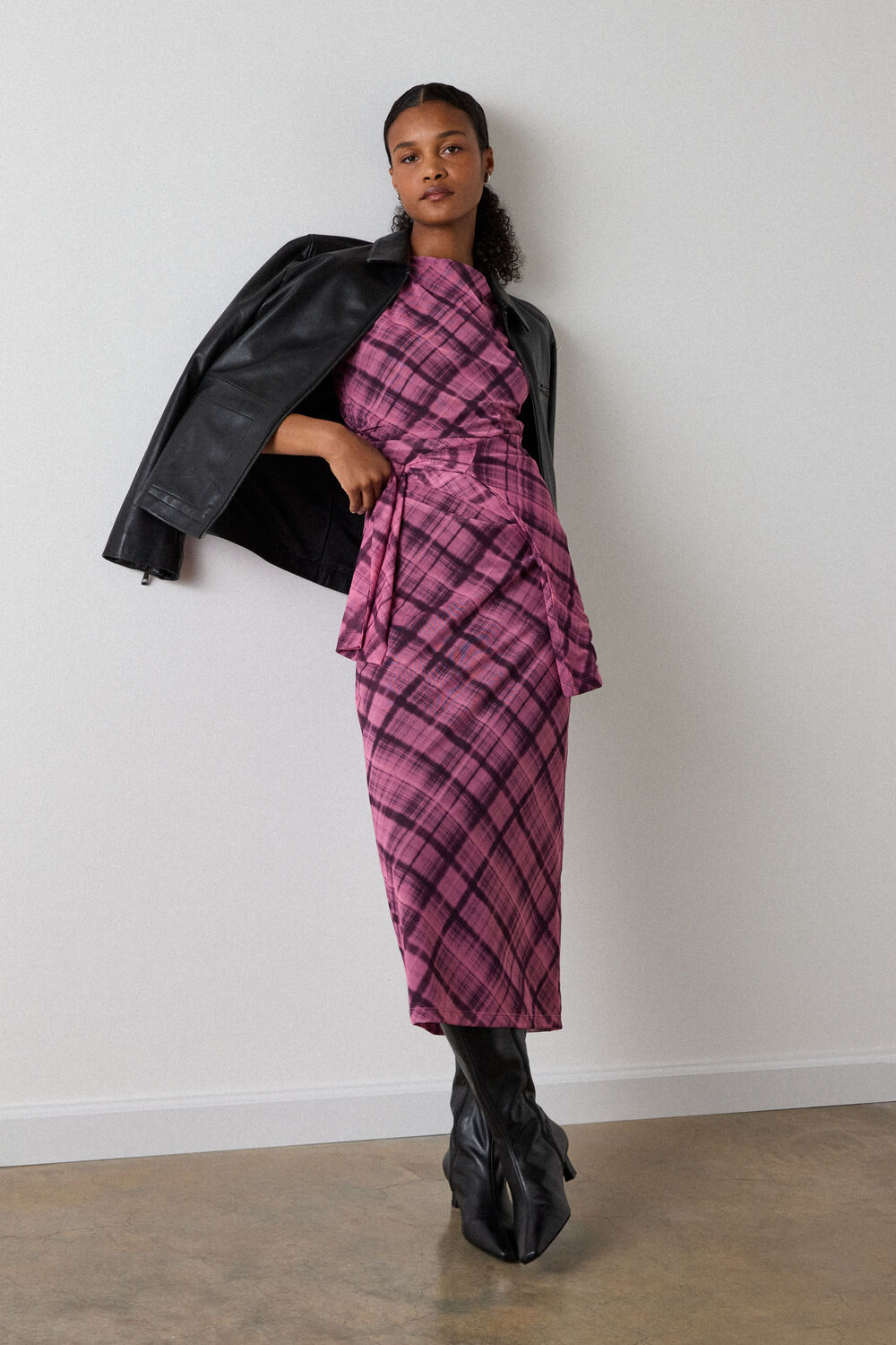 Check Mesh Midi Dress