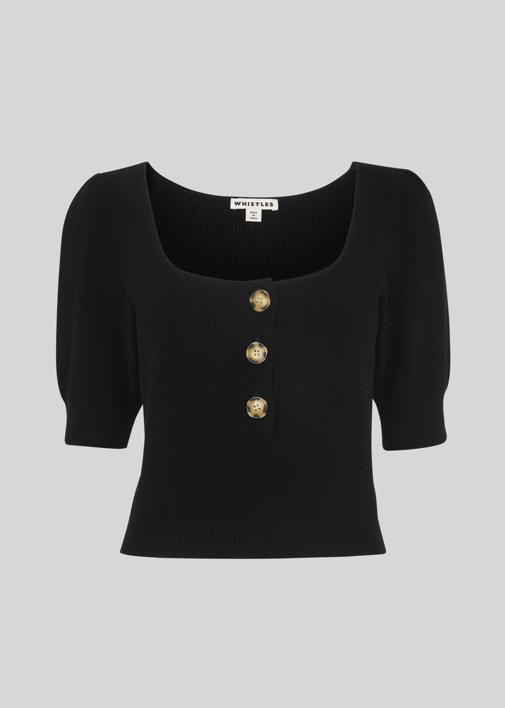 Square Neck Button Through Top Black