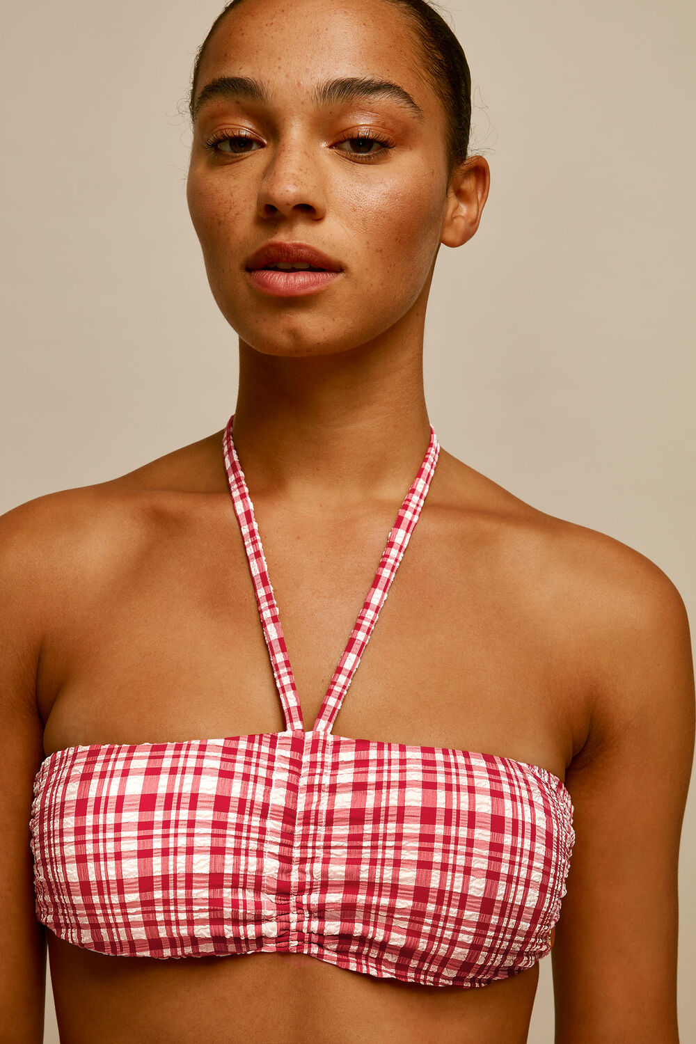 Check Halterneck Bikini Top Red/Multi