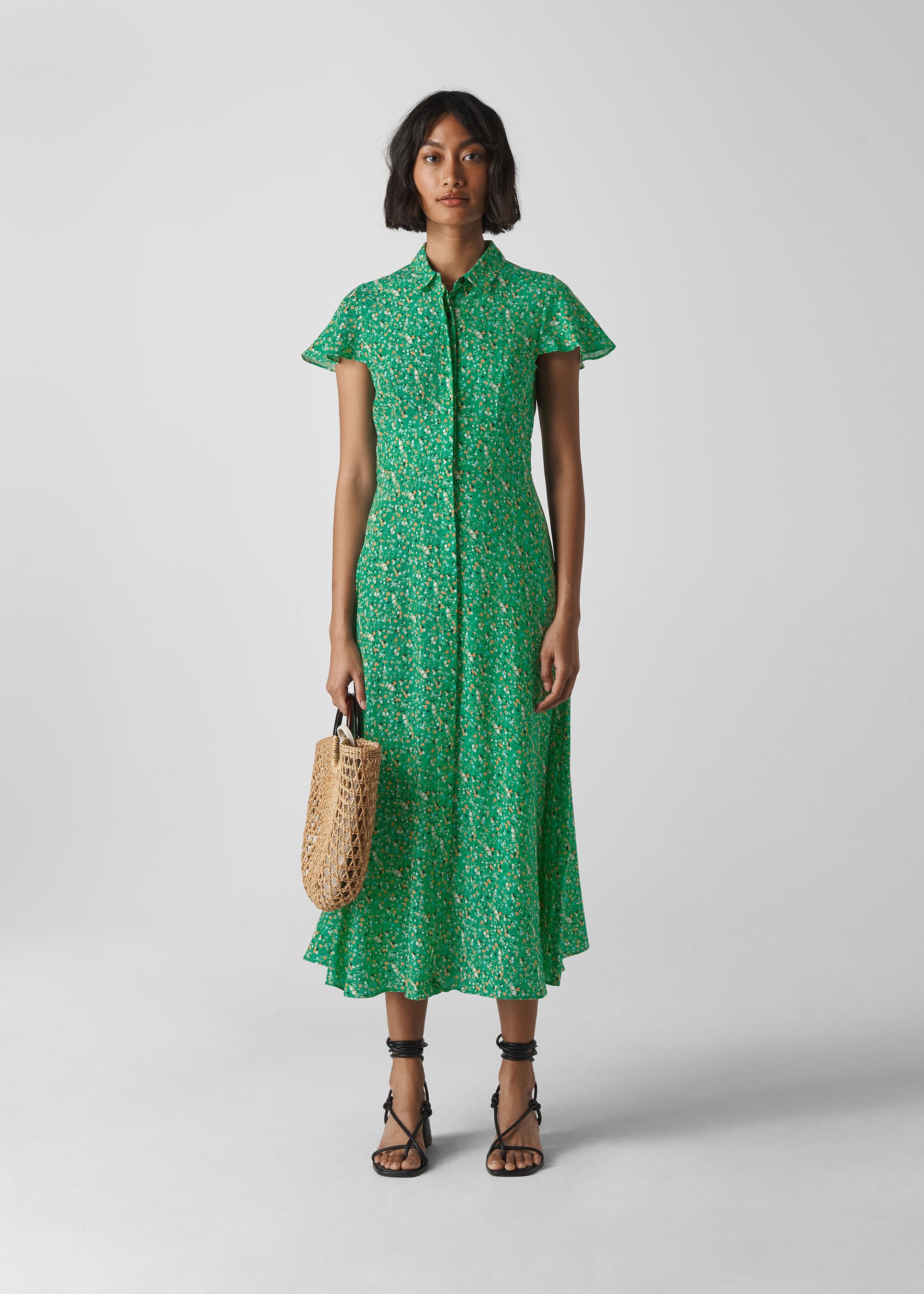 Green Ditsy Blossom Midi Shirt Dress