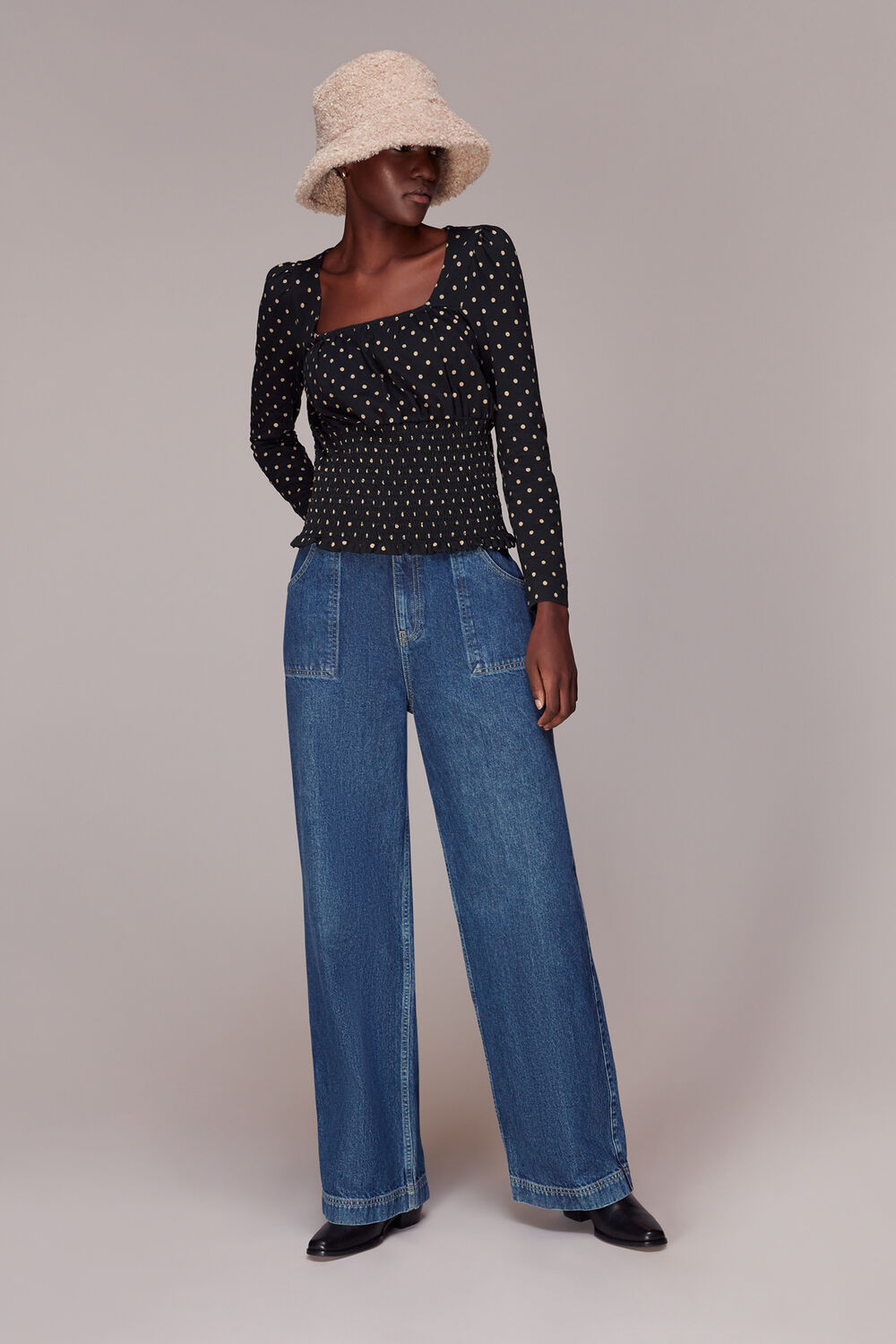 Spot Square Neck Shirred Top