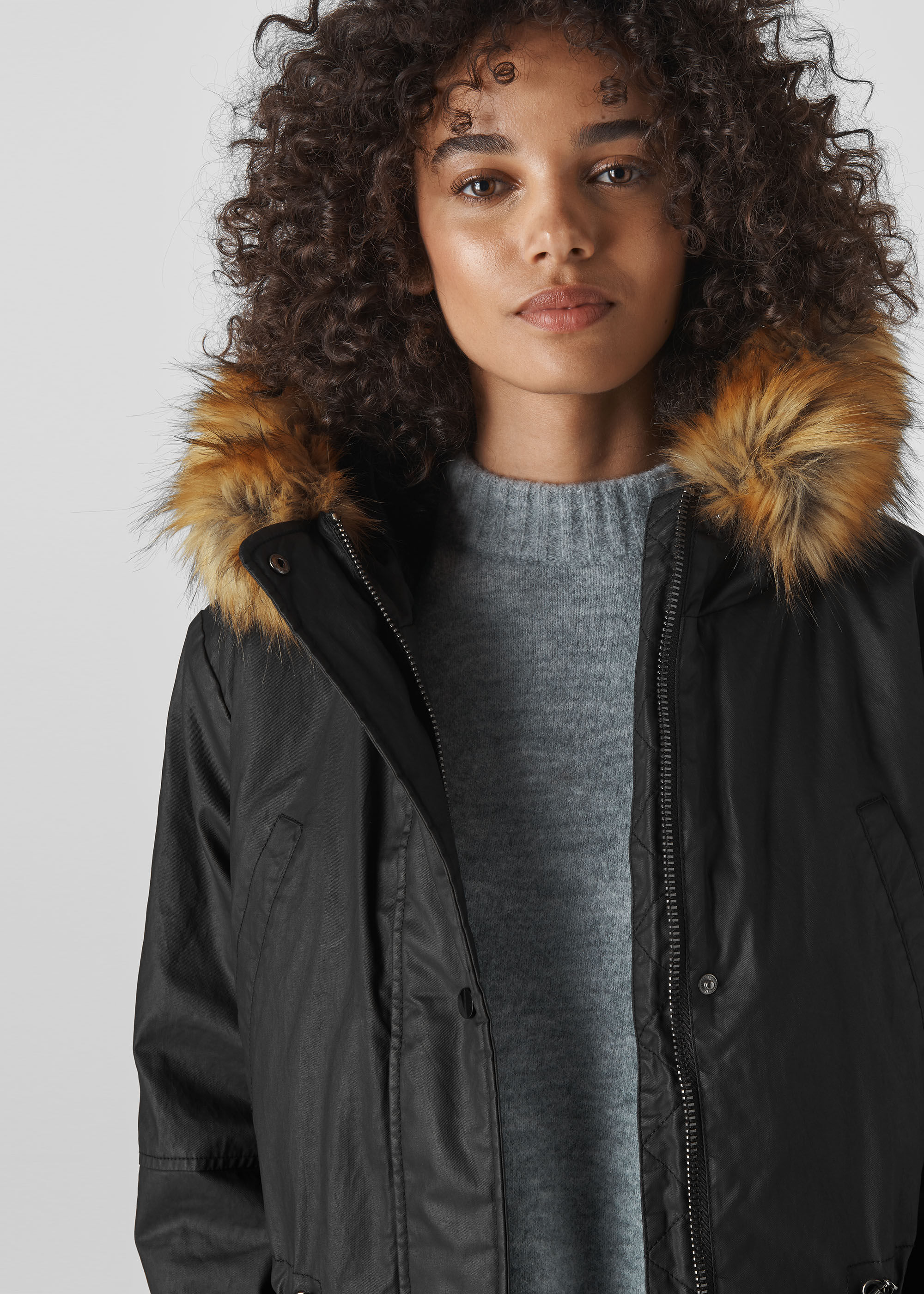 whistles faux fur lined waxy parka