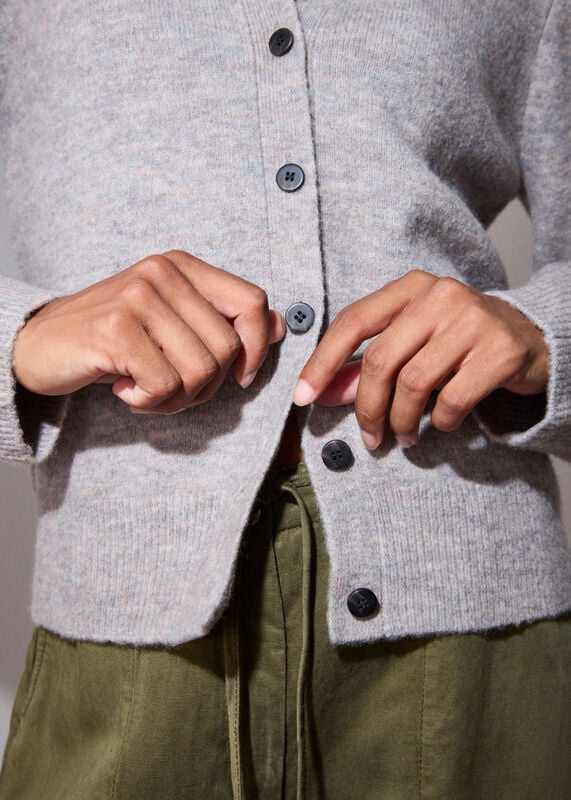 Neutral Wool Mix Puff Sleeve Cardigan