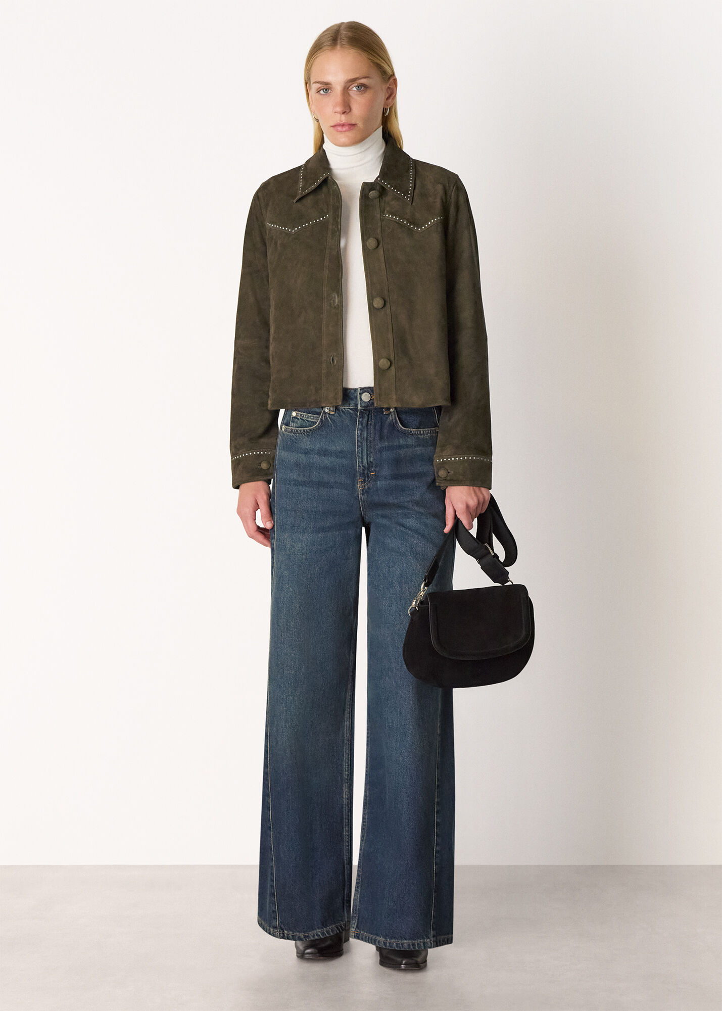Olive Suede Leather Studded Jacket | WHISTLES | Whistles UK |