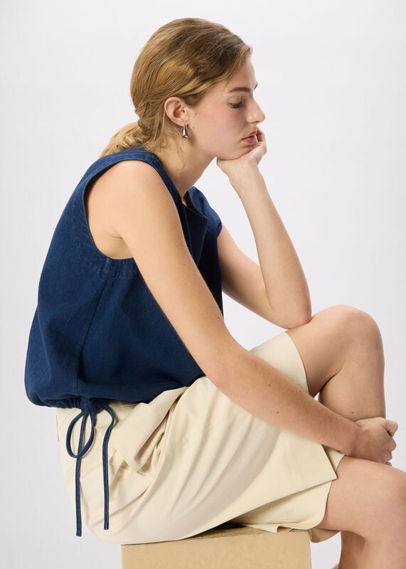 Dark Denim Drawstring Detail Cotton Top