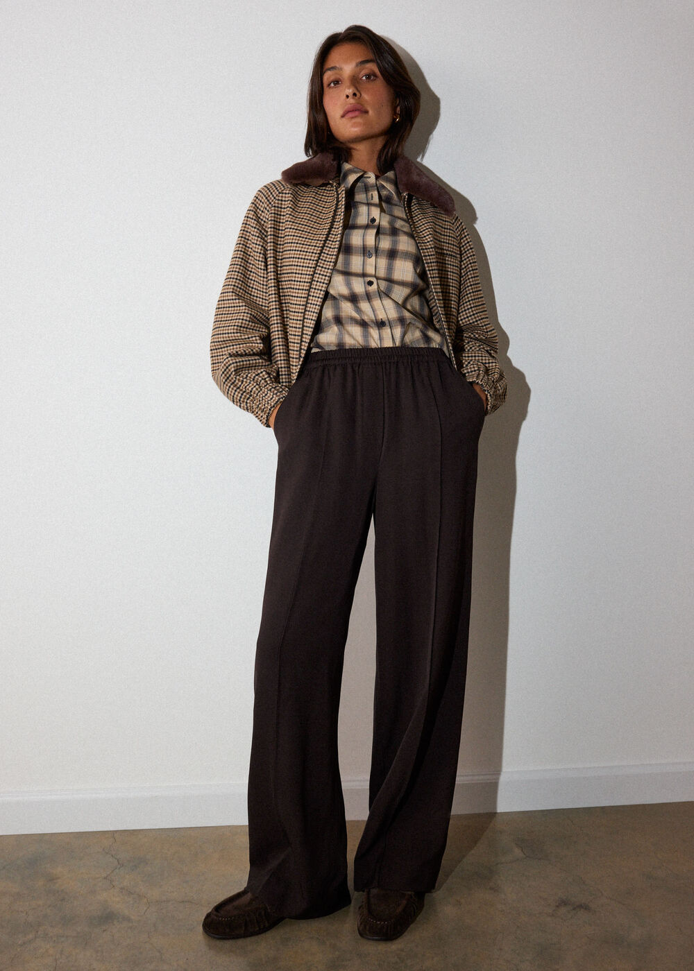 Brown Faux Fur Collar Check Bomber
