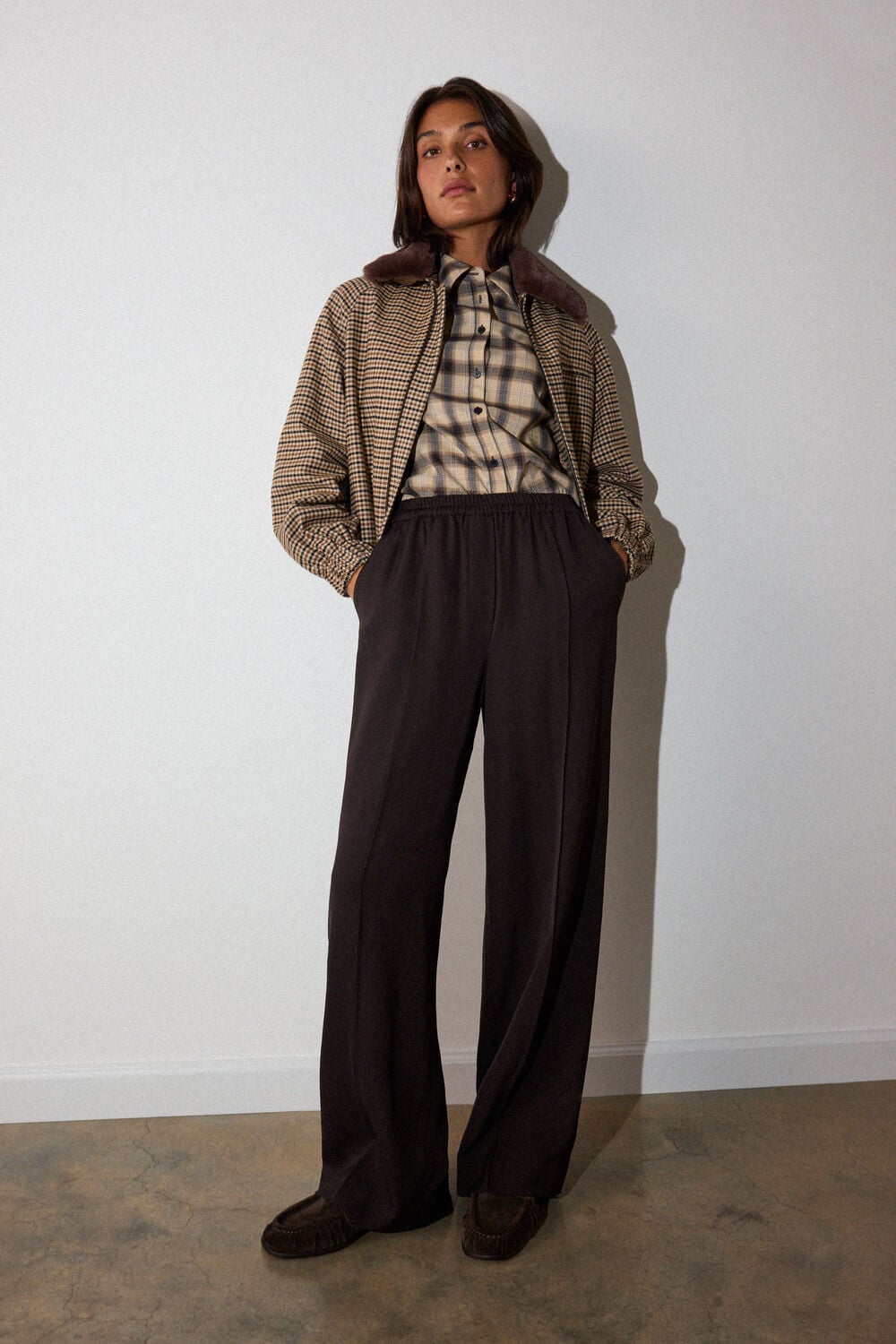 Brown Faux Fur Collar Check Bomber