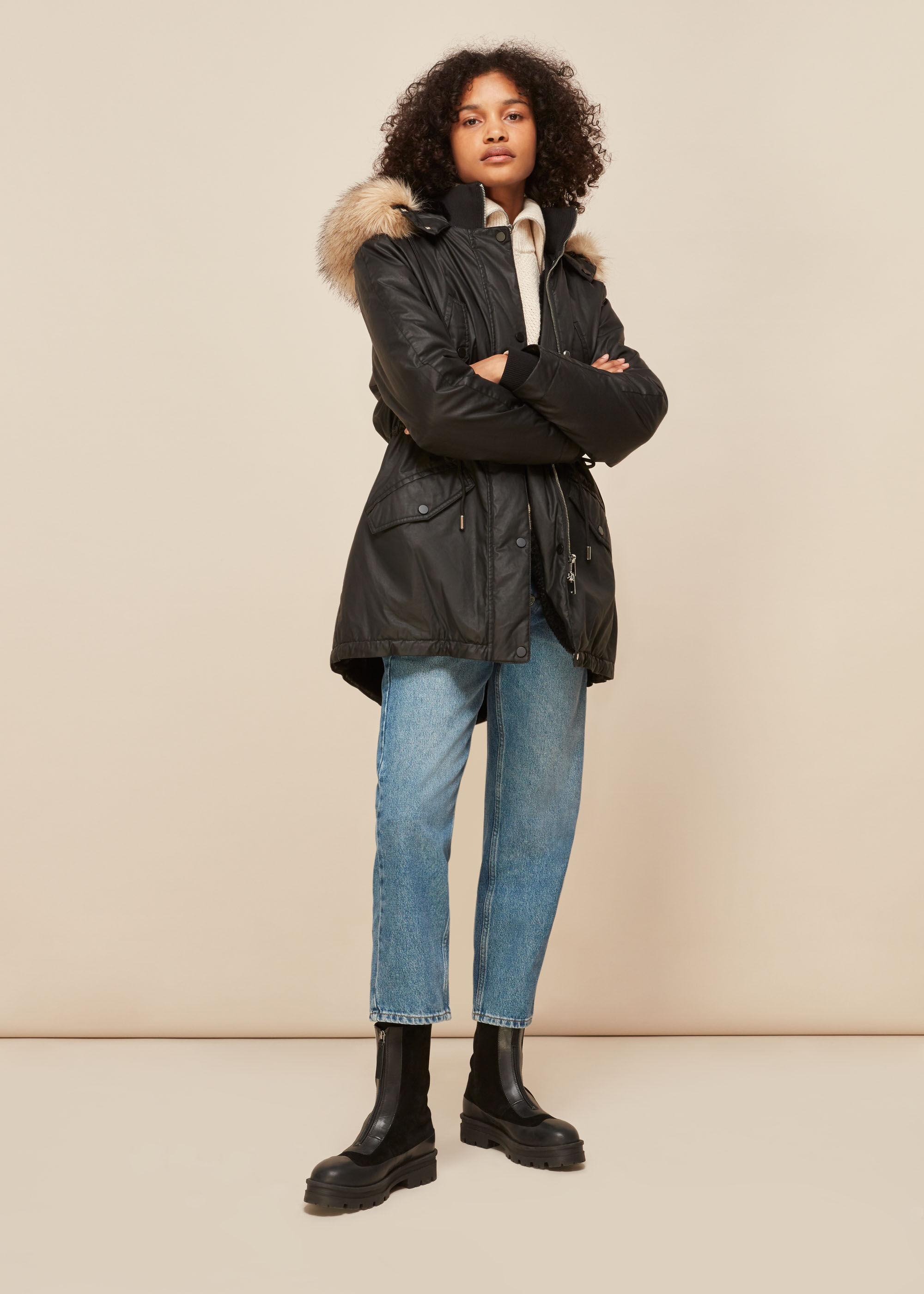 whistles faux fur lined waxy parka