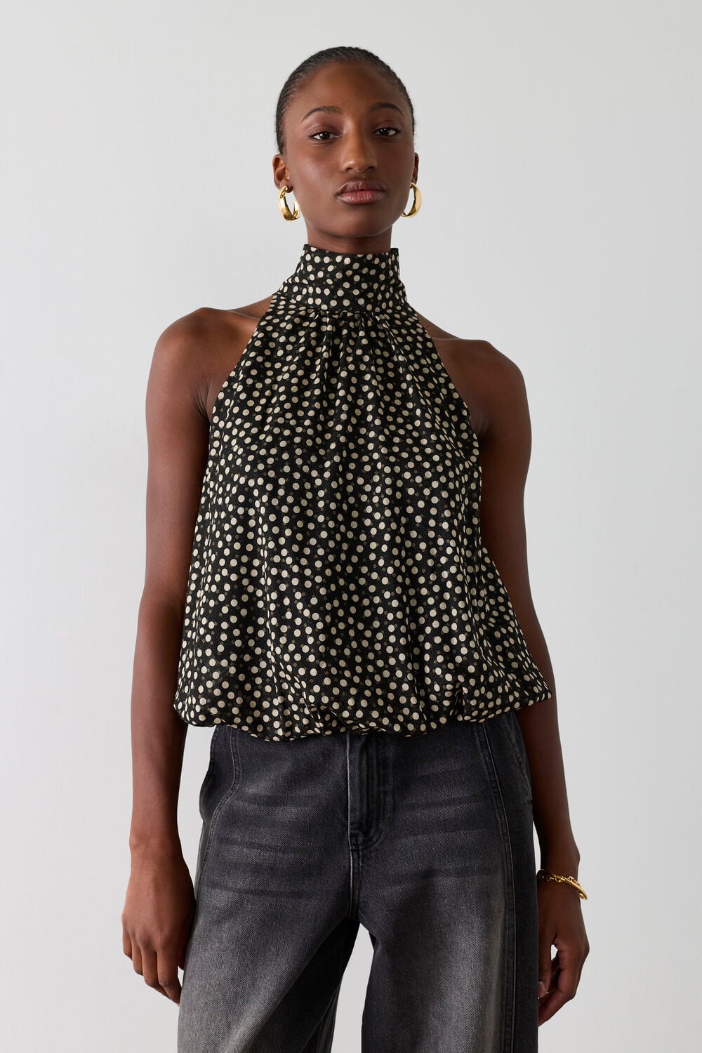Gold Spot Bubble Hem Halter Top