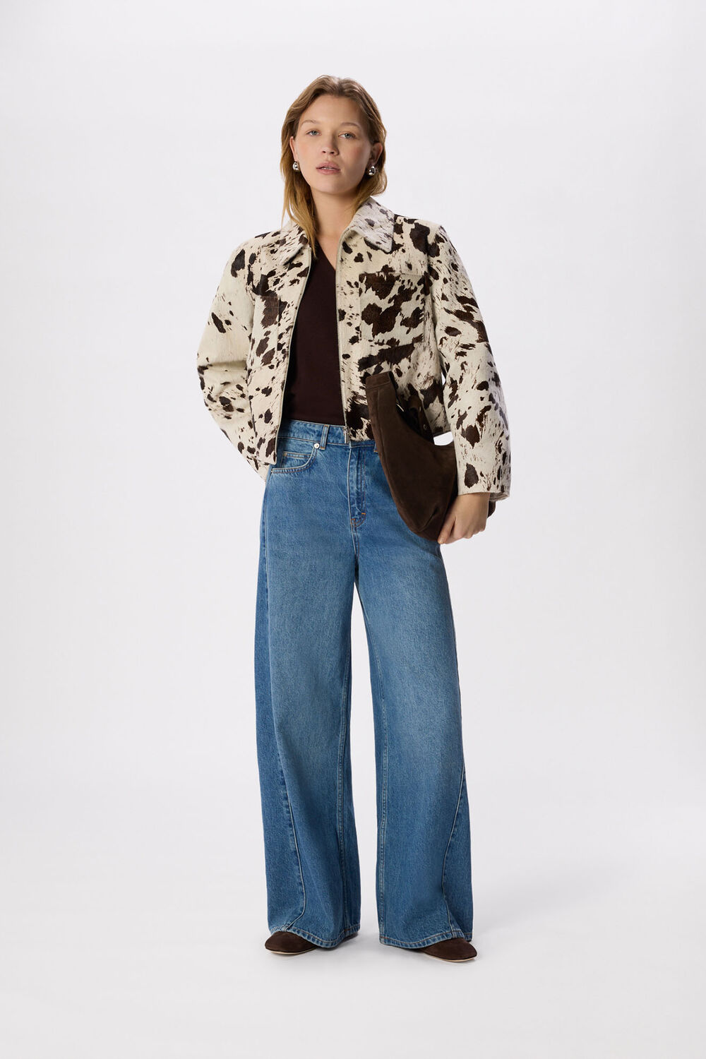 Brown Cow Print Zip Jacket