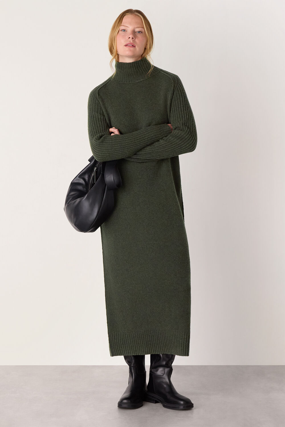 Dark Green Funnel Neck Wool Midi Dress