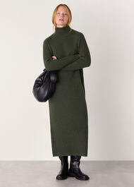 Funnel Neck Wool Midi Dress