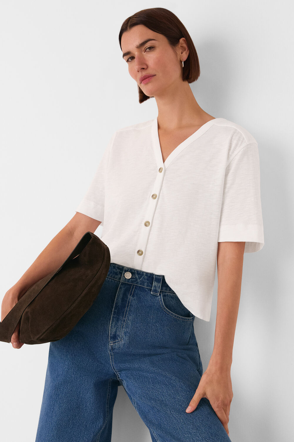 White Ella V Neck Button Through Tee