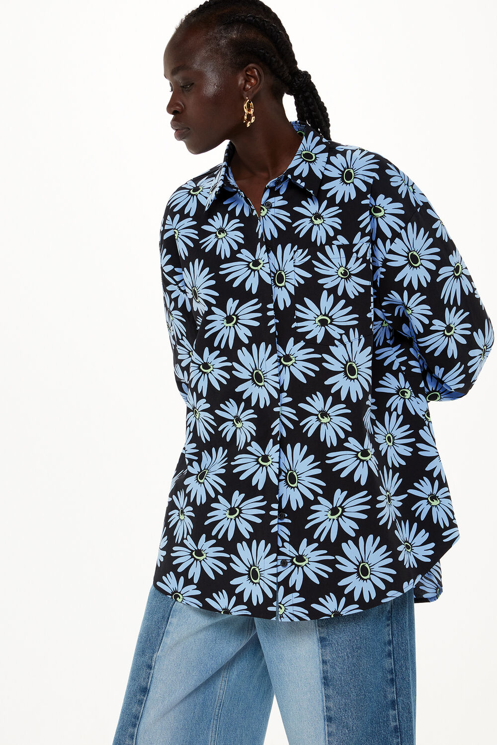 Blue Daisy Print Oversized Shirt