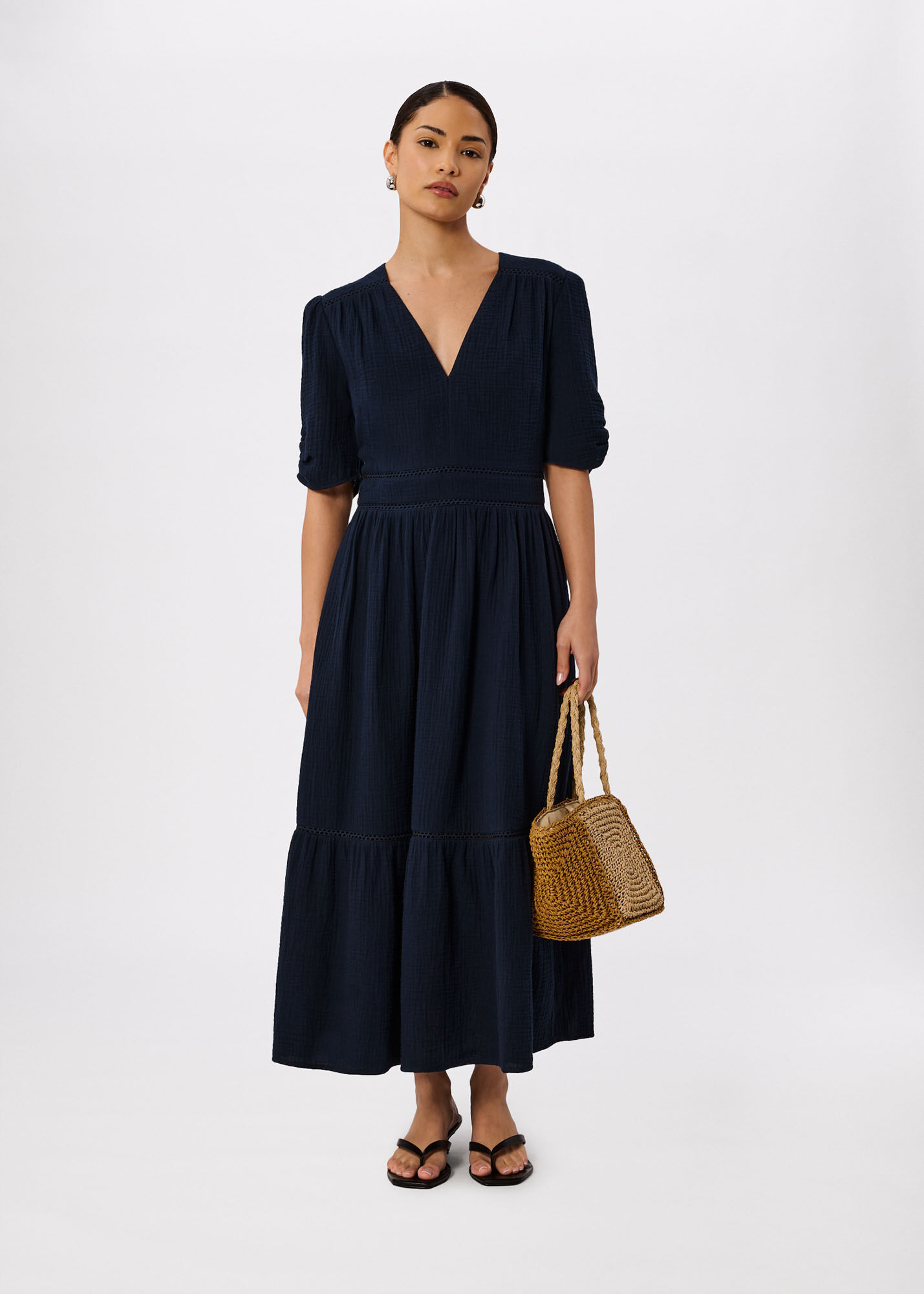 Navy Petite V Neck Textured Midi Dress | WHISTLES | Whistles US |