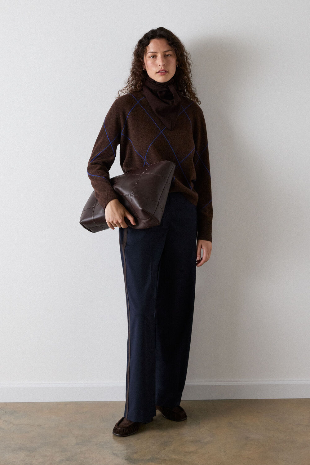 Brown Wool Contrast Diamond Knit