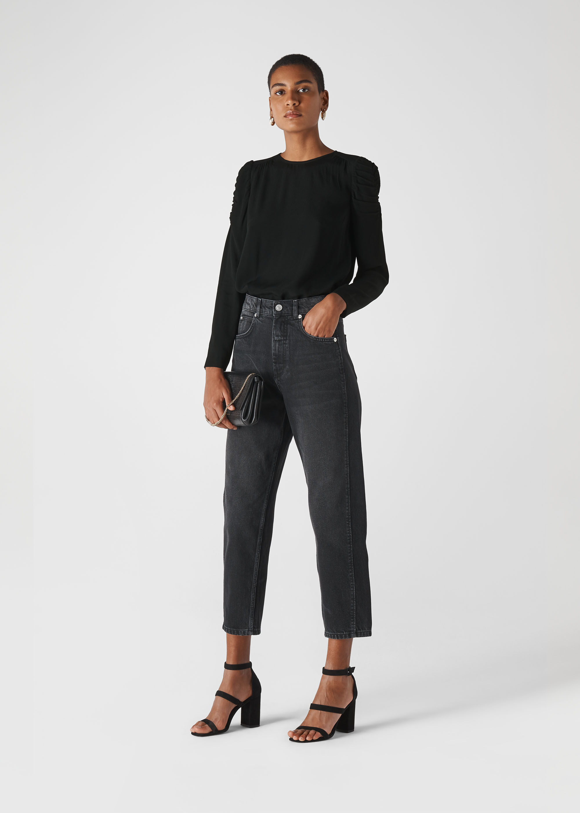 Black ruched long sleeve sales top