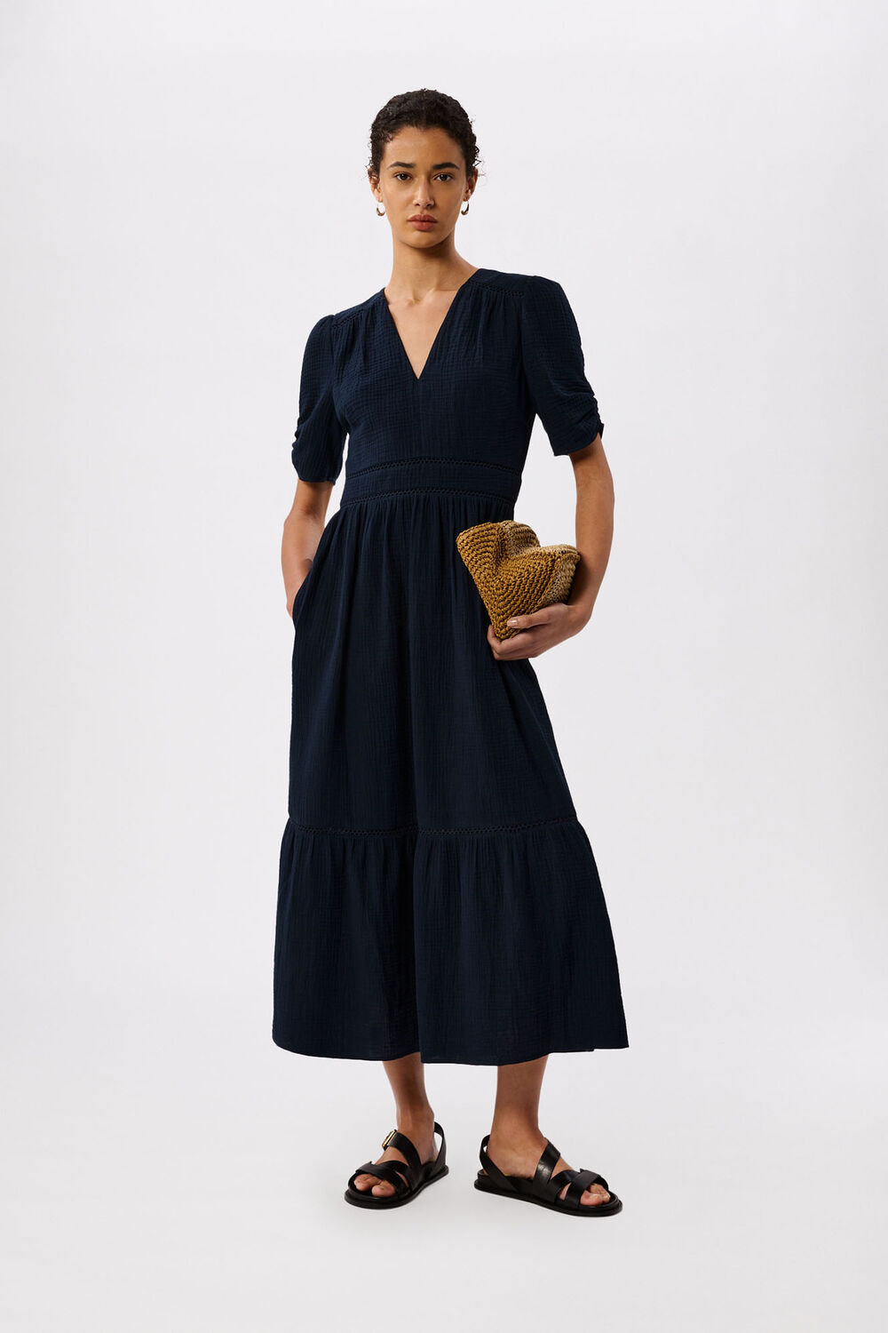 Navy V Neck Textured Midi Dress