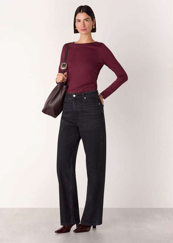 Burgundy Ruched Side Long Sleeve Top