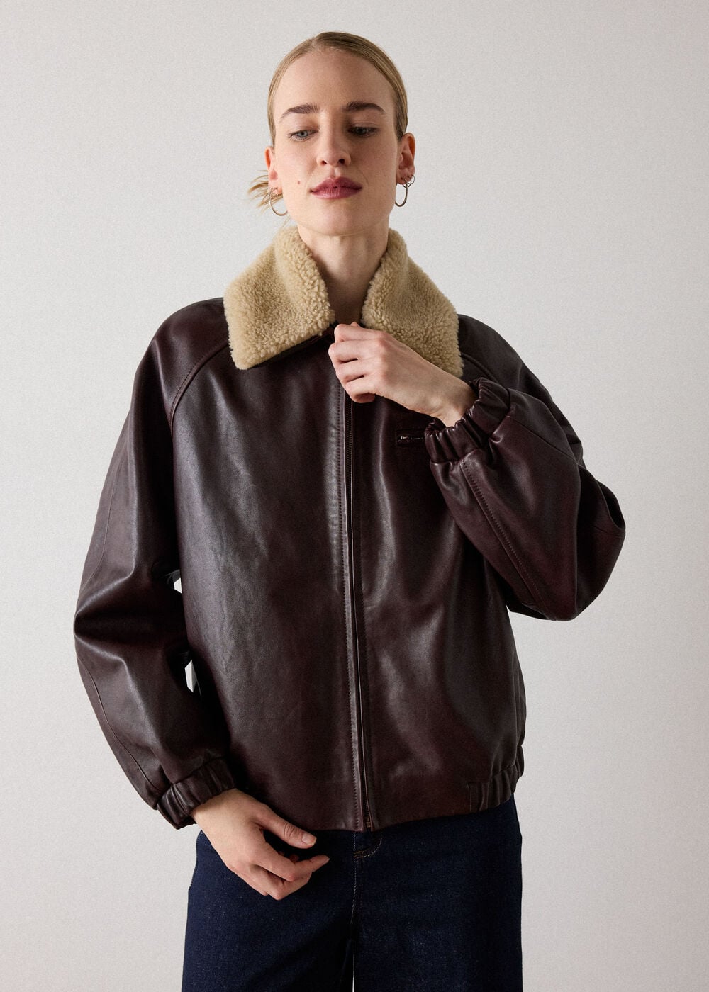 Burgundy Shearling Trim Leather Bomber