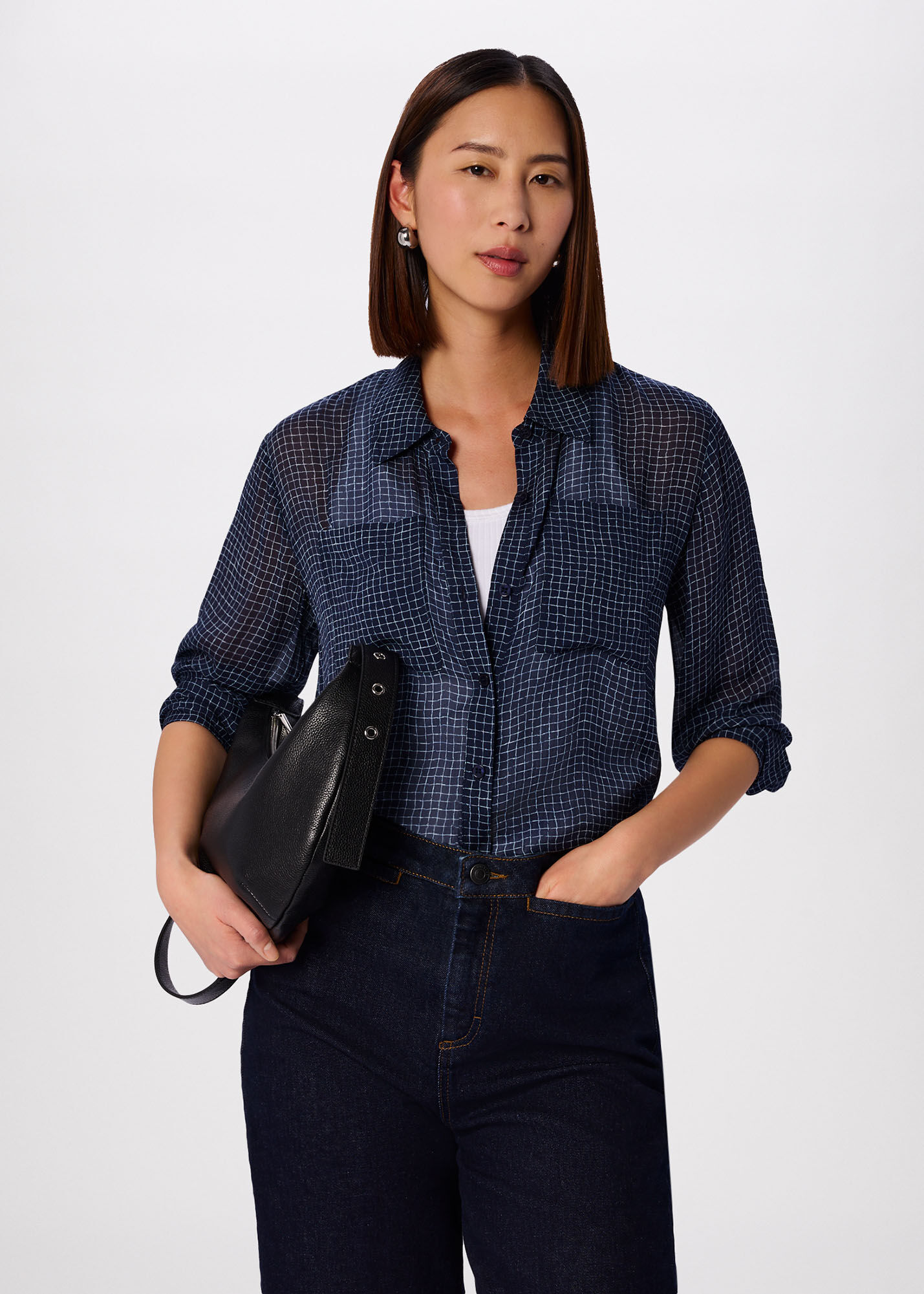 Navy/Multi Grid Print Sheer Shirt | WHISTLES | Whistles US |