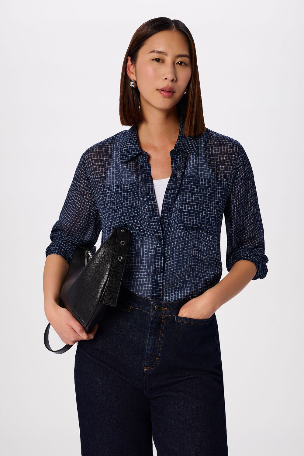 Navy Grid Print Sheer Shirt