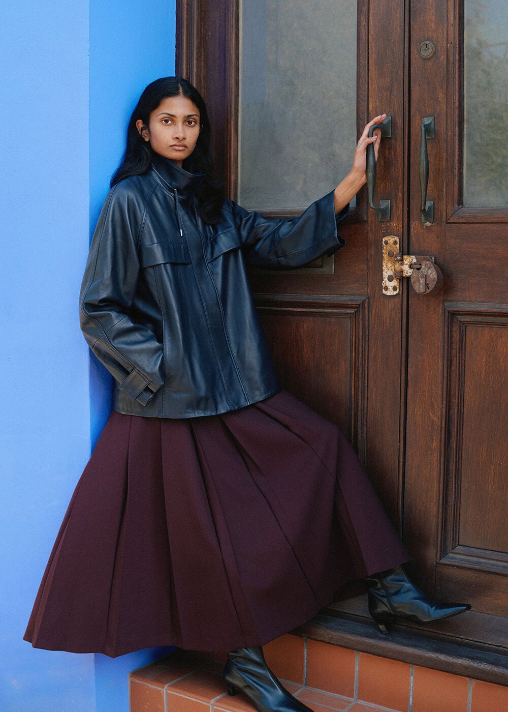 Plum Wool Blend Pleated Kilt Skirt