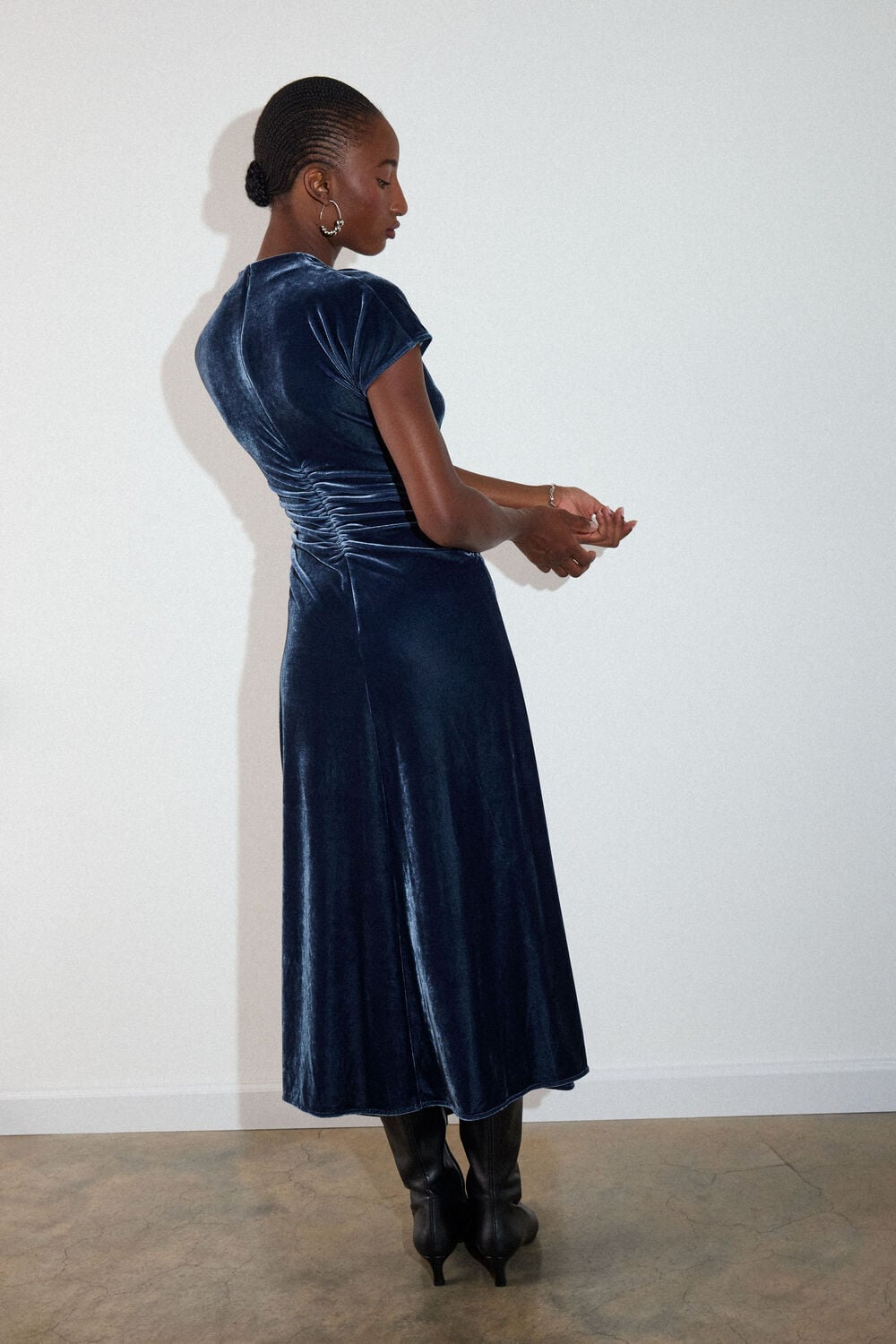 Navy Velvet Ruched Midi Dress