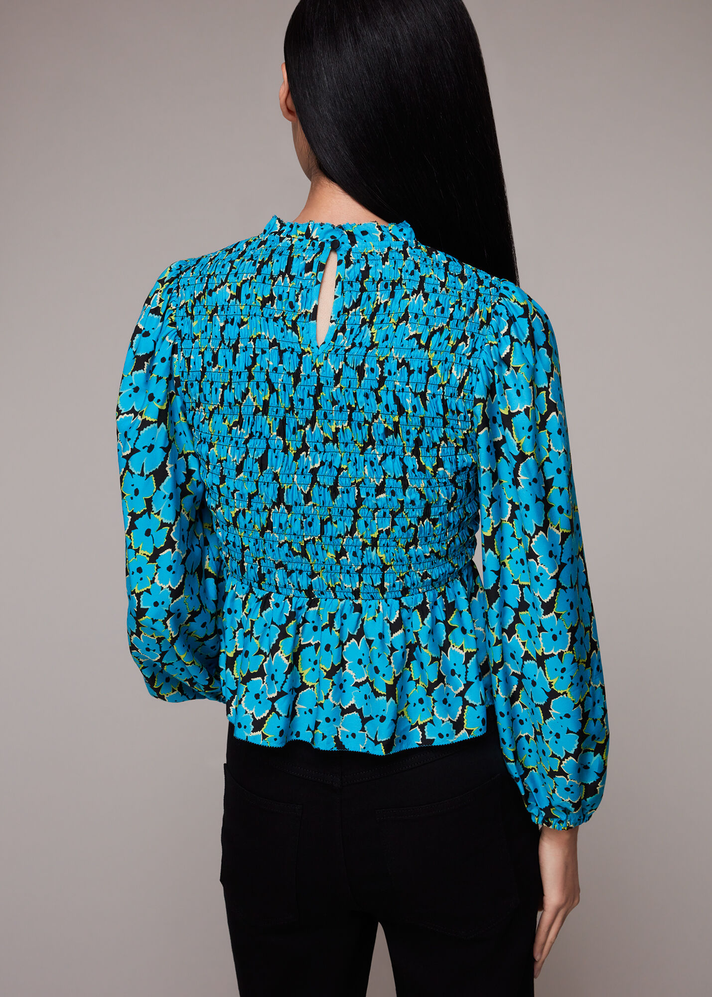 Blue/Multi Farfalle Flower Shirred Top | WHISTLES | Whistles ROW |