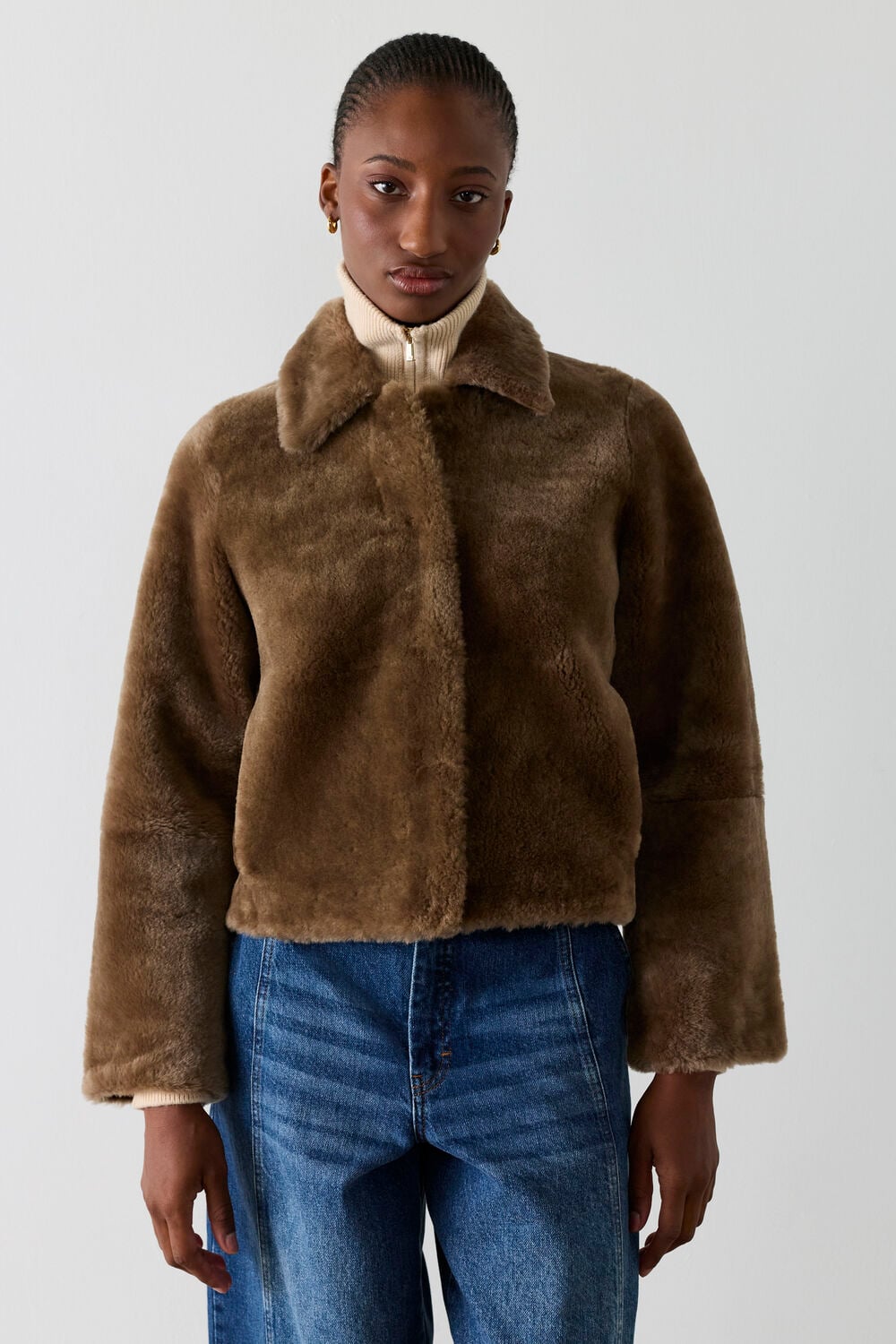 Taupe Short Clean Shearling Jacket