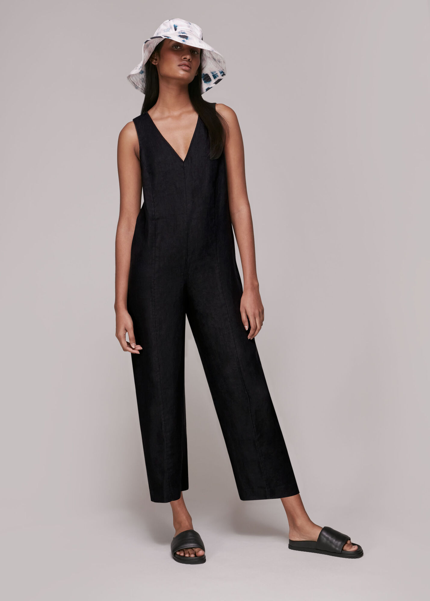 Black Linen V Neck Jumpsuit WHISTLES Whistles UK