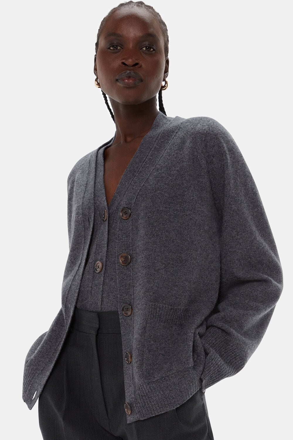 Dark Grey Wool Relaxed Pocket Cardigan