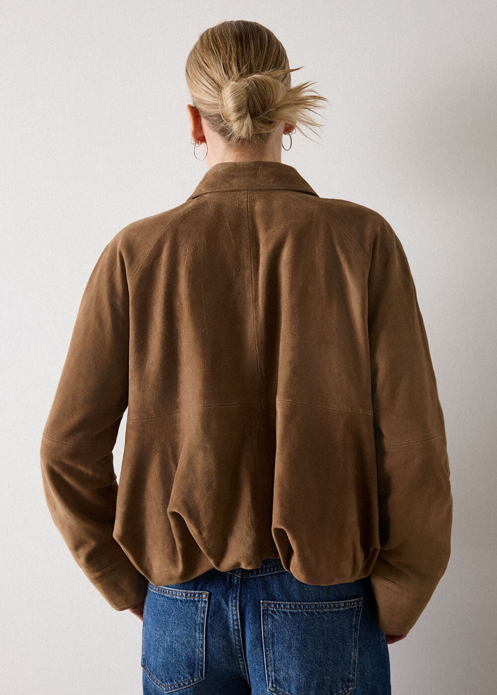 Taupe Gathered Suede Zip Jacket