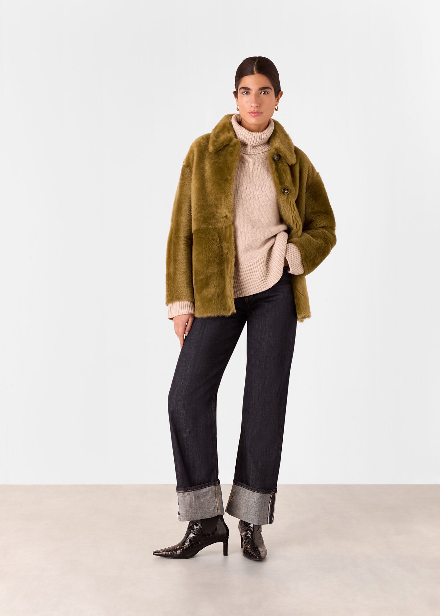 Olive Tamina Short Shearling Coat | WHISTLES | Whistles US | Olive Tamina Short Shearling Coat | WHISTLES | Whistles US |