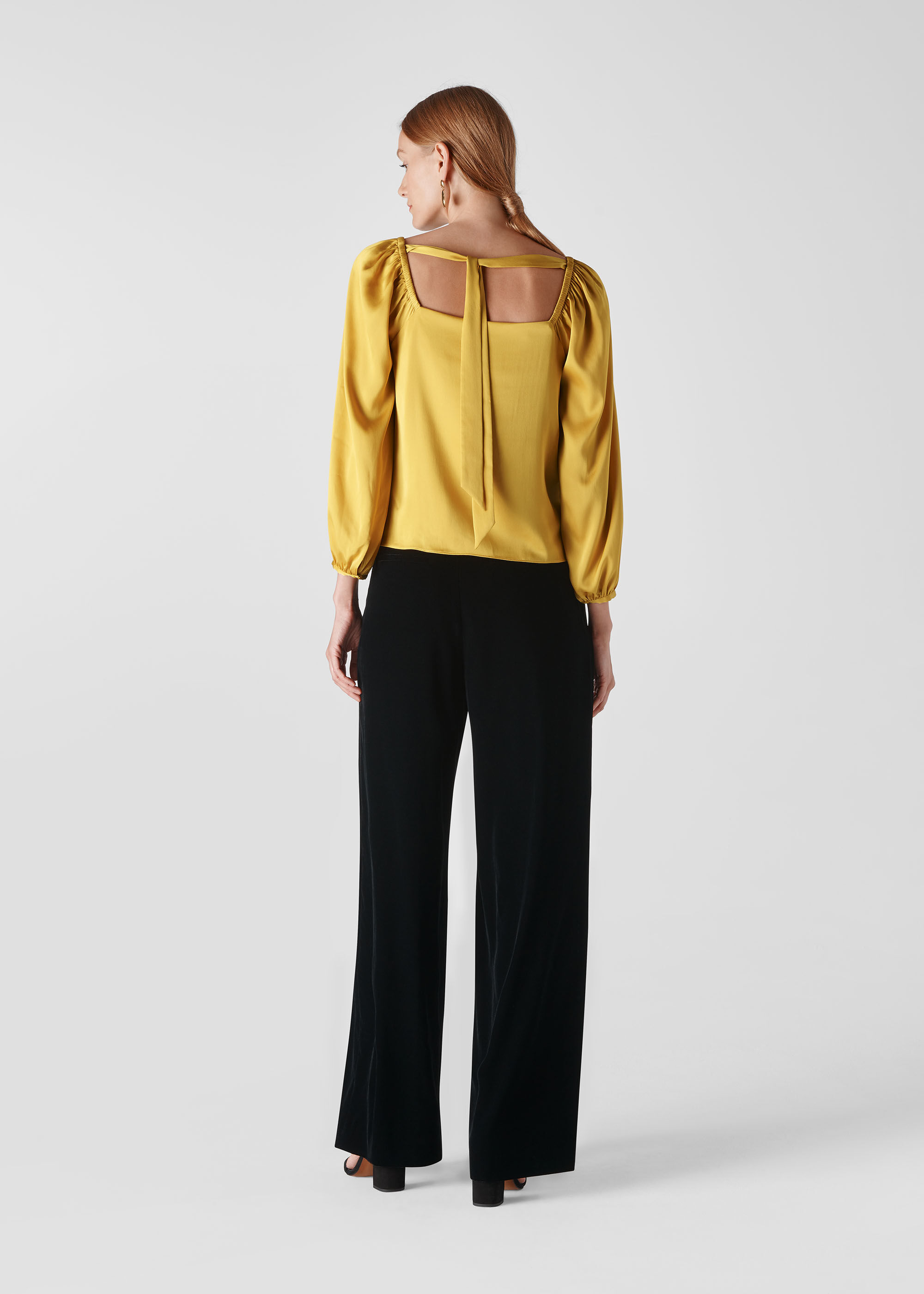 Yellow blouse and black pants clearance