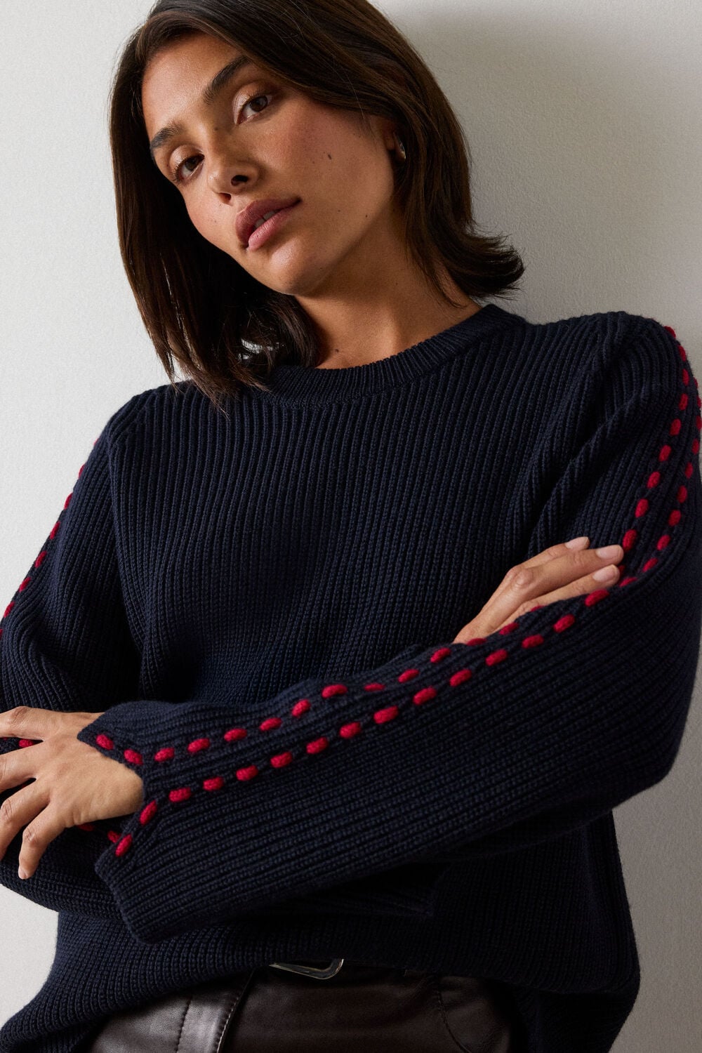 Navy Wool Mix Contrast Stitch Knit