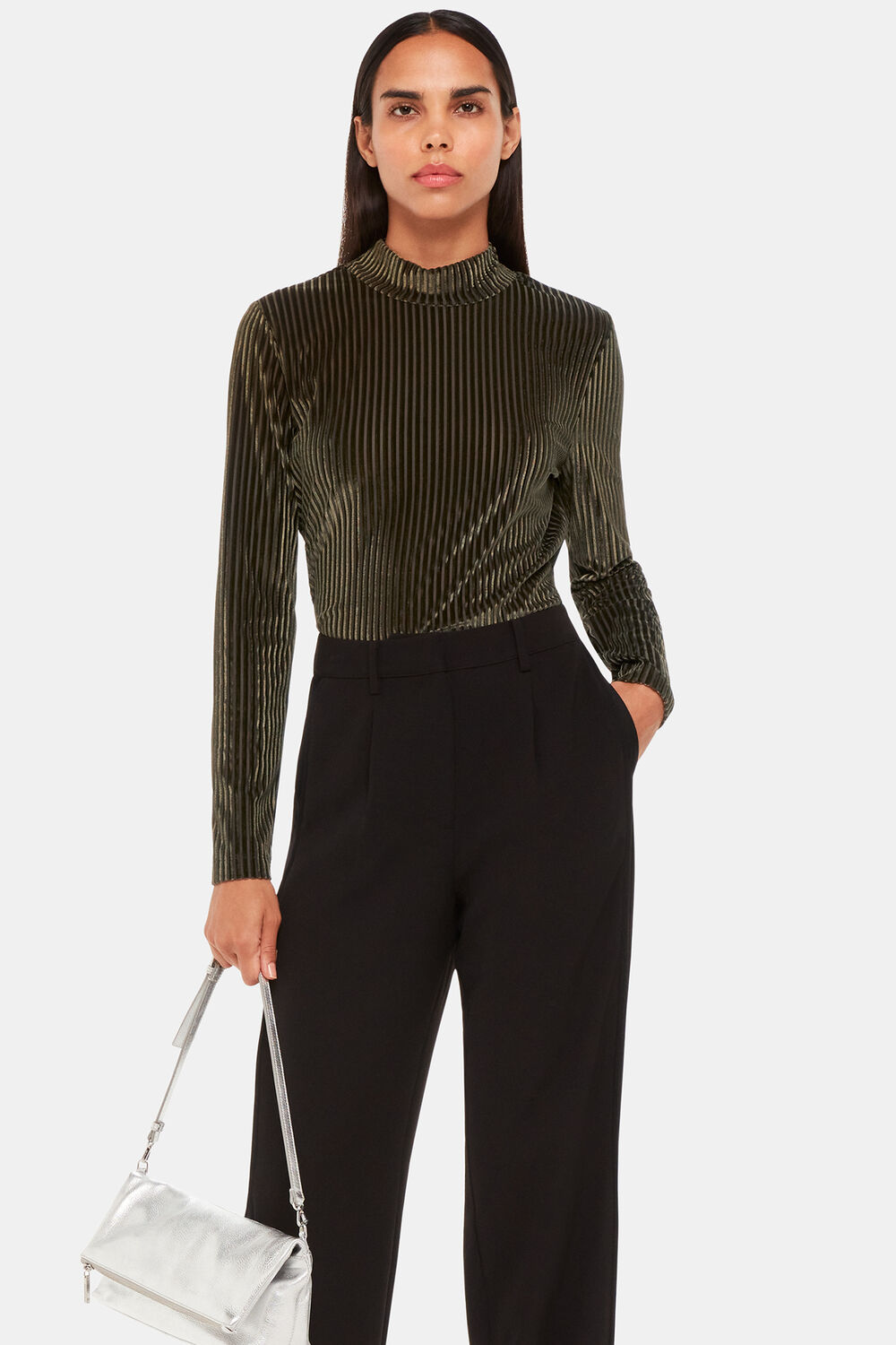 Khaki Velvet Stripe High Neck Top