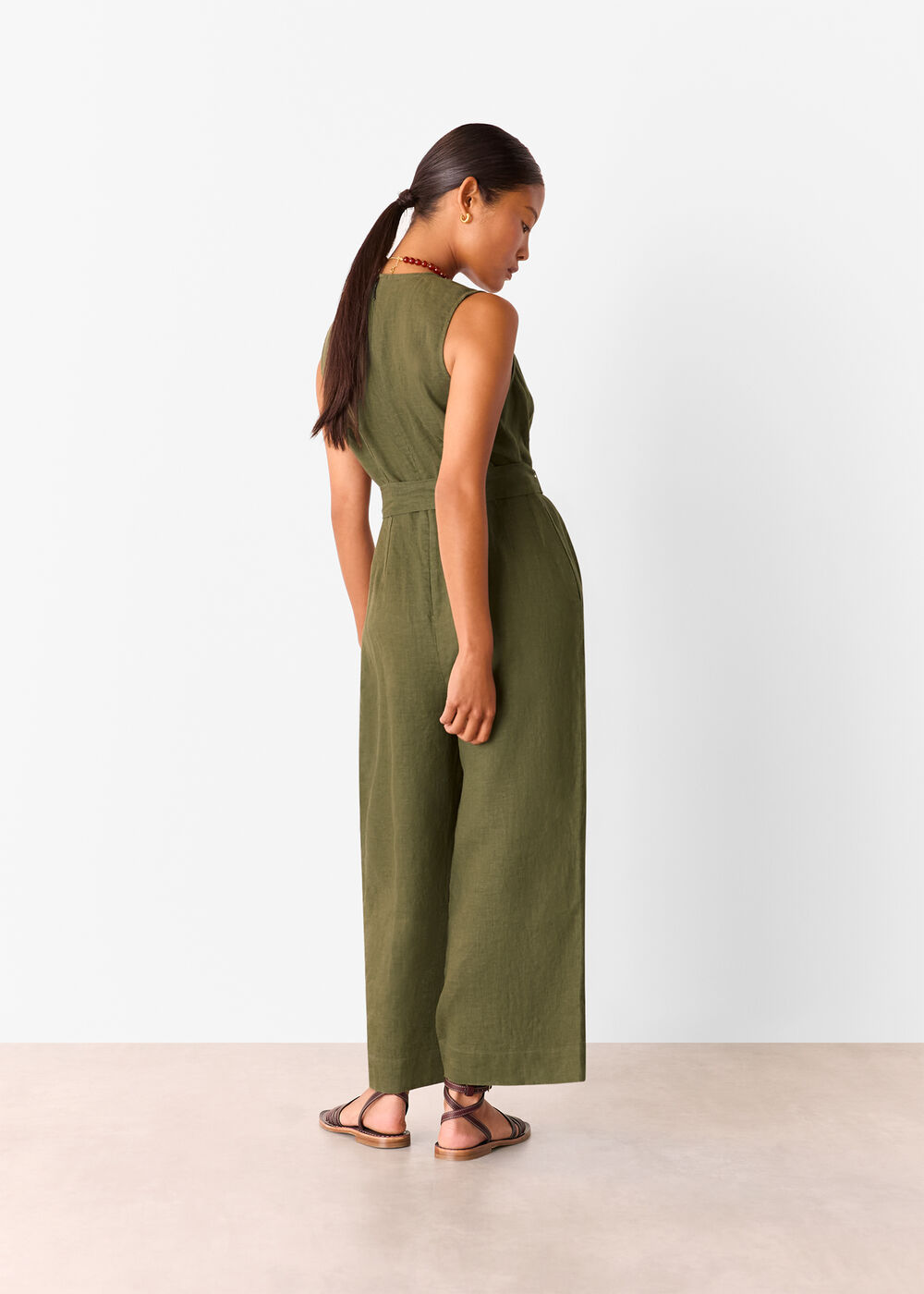 Petite Belted Seamed Linen Jumpsuit