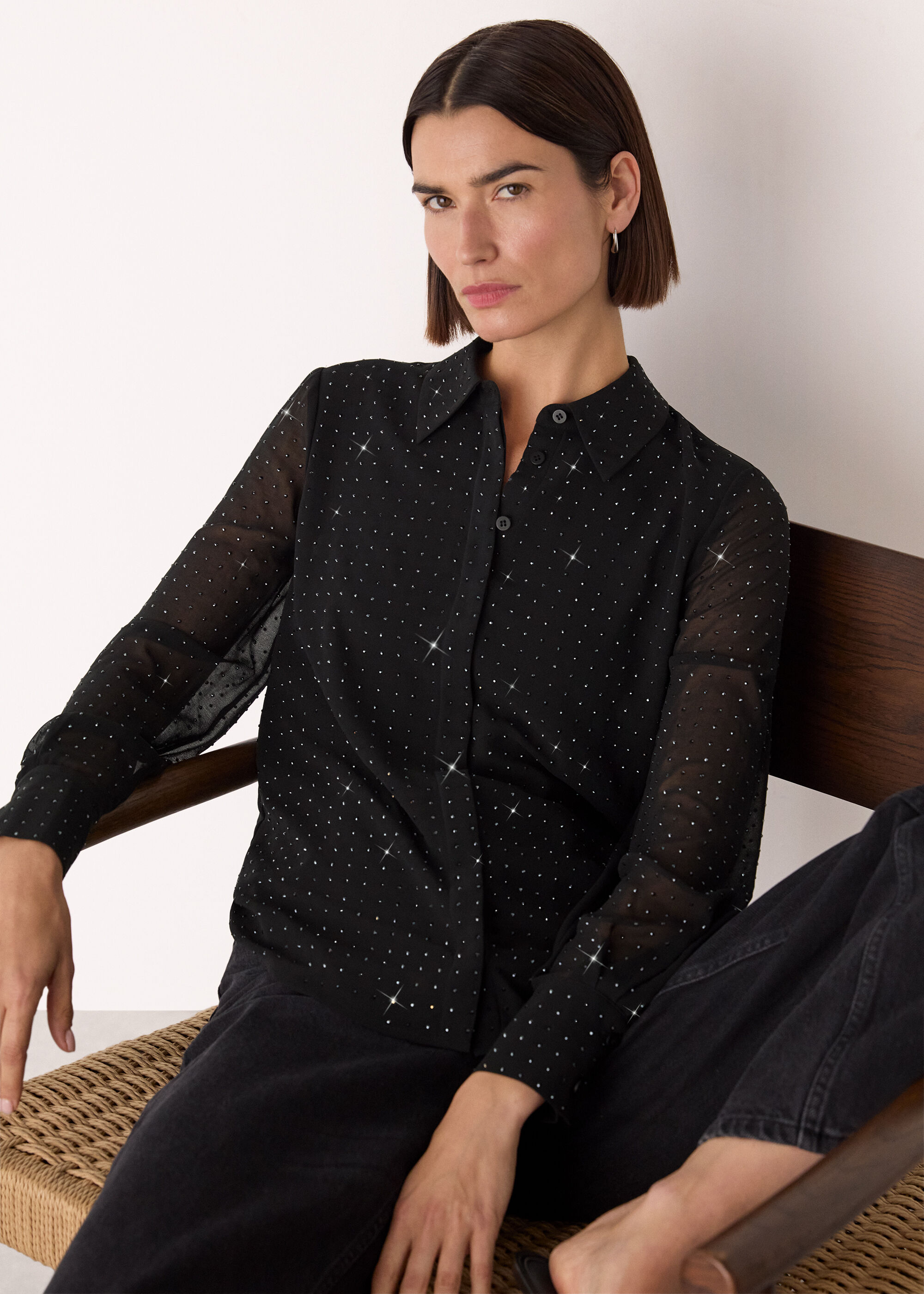 Black Hot Fix Sheer Shirt | WHISTLES | Whistles US |